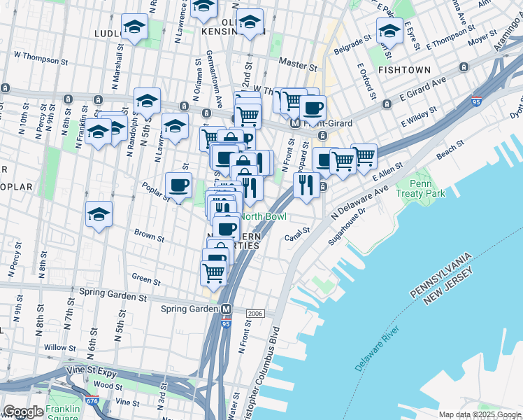 map of restaurants, bars, coffee shops, grocery stores, and more near 117 West Laurel Street in Philadelphia
