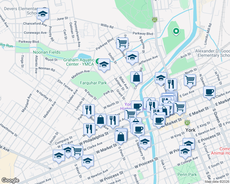 map of restaurants, bars, coffee shops, grocery stores, and more near 309 North Newberry Street in York