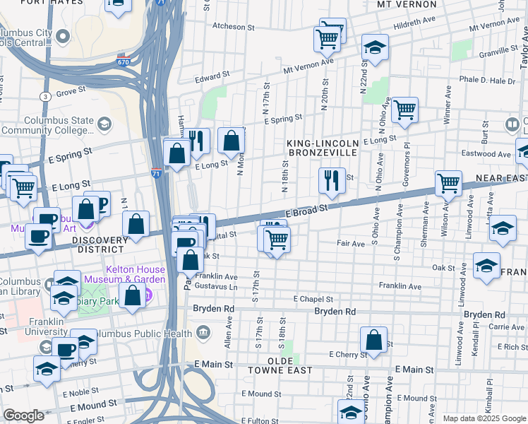 map of restaurants, bars, coffee shops, grocery stores, and more near 880 East Broad Street in Columbus