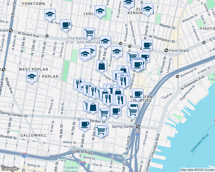 map of restaurants, bars, coffee shops, grocery stores, and more near in Philadelphia