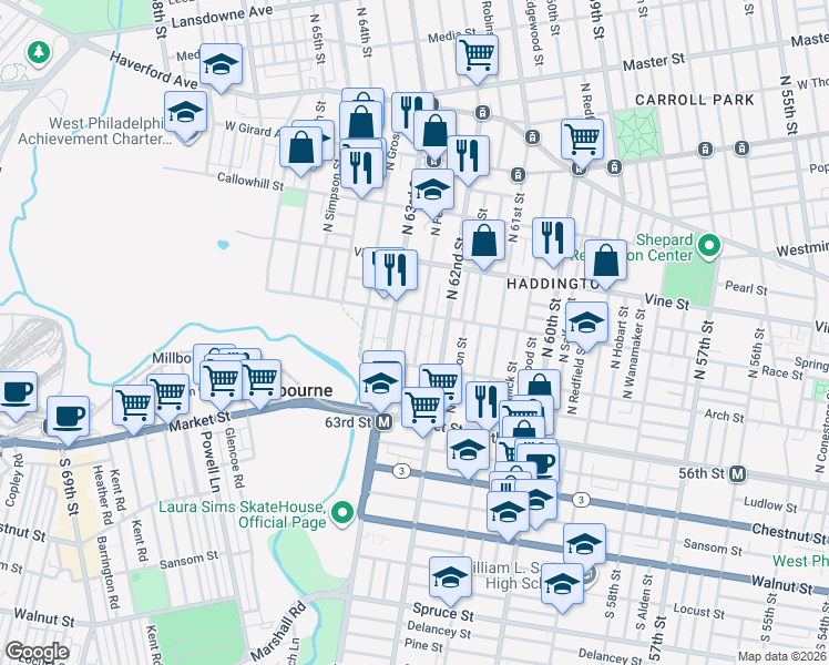 map of restaurants, bars, coffee shops, grocery stores, and more near 107 North 63rd Street in Philadelphia