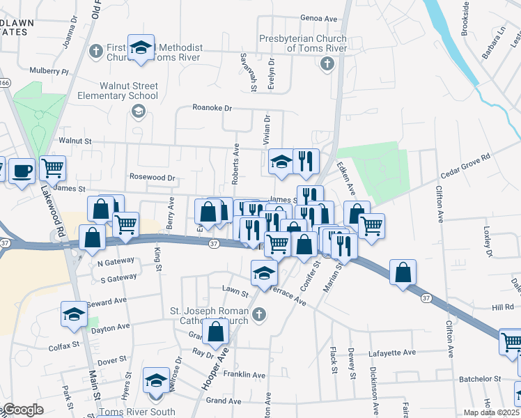 map of restaurants, bars, coffee shops, grocery stores, and more near 933 Hardenbrook Avenue in Toms River