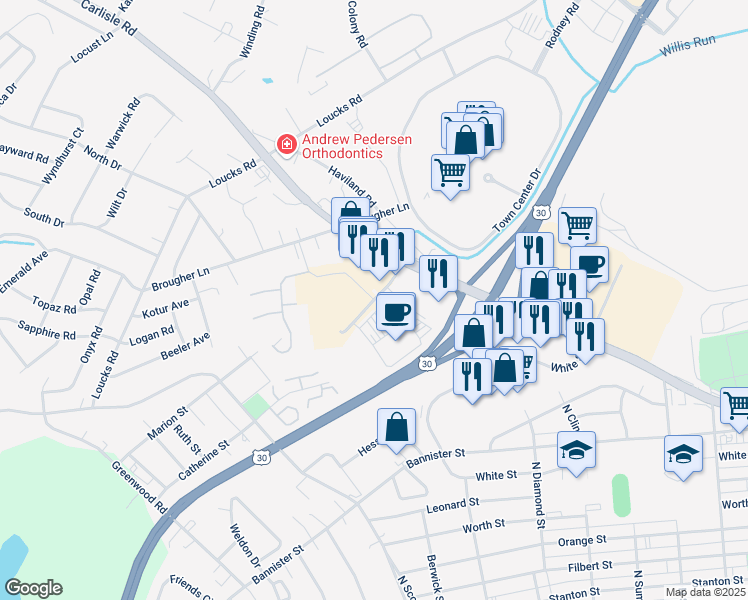 map of restaurants, bars, coffee shops, grocery stores, and more near York Crossing Drive in York