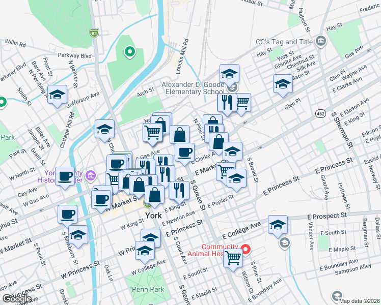 map of restaurants, bars, coffee shops, grocery stores, and more near 219 East Clarke Avenue in York