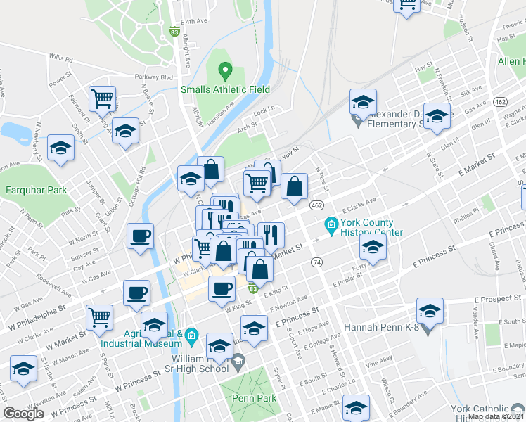 map of restaurants, bars, coffee shops, grocery stores, and more near 127 North Duke Street in York
