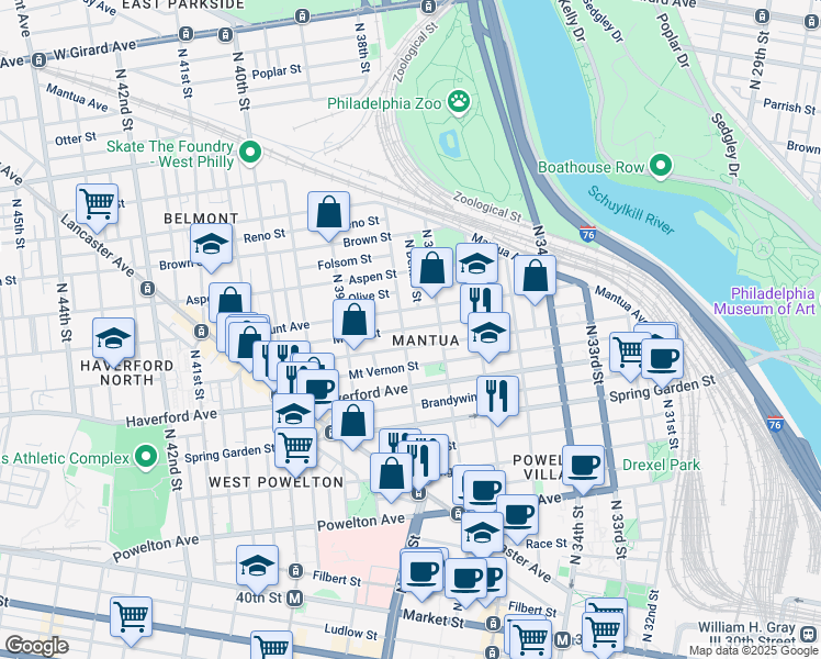 map of restaurants, bars, coffee shops, grocery stores, and more near 3732 Melon Street in Philadelphia