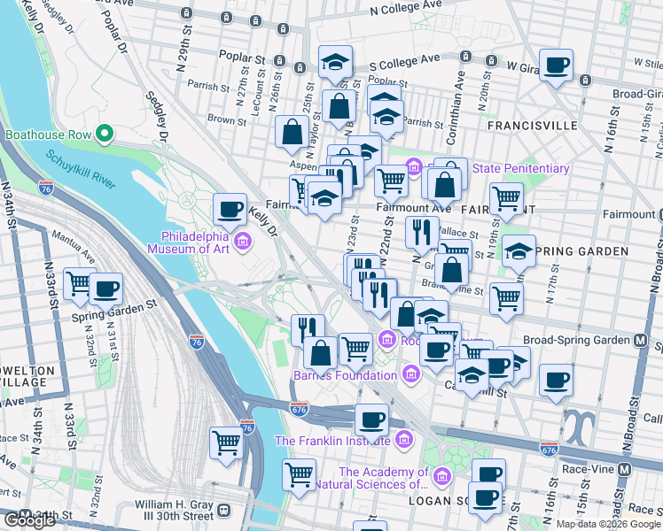 map of restaurants, bars, coffee shops, grocery stores, and more near 2319 Pennsylvania Avenue in Philadelphia