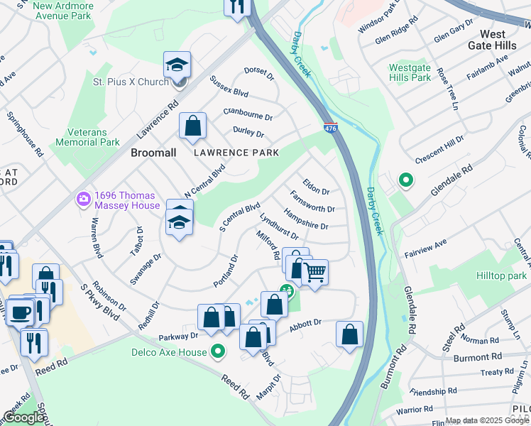 map of restaurants, bars, coffee shops, grocery stores, and more near 403 Lyndhurst Drive in Broomall