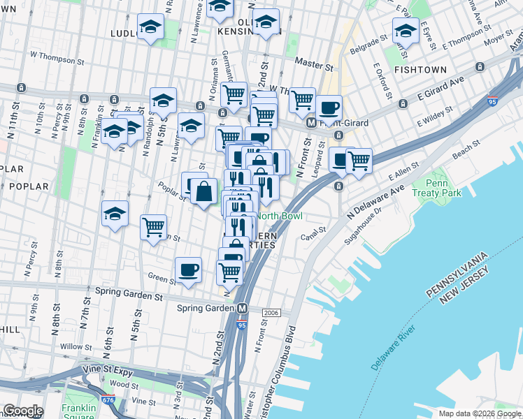 map of restaurants, bars, coffee shops, grocery stores, and more near 1010 North Hancock Street in Philadelphia