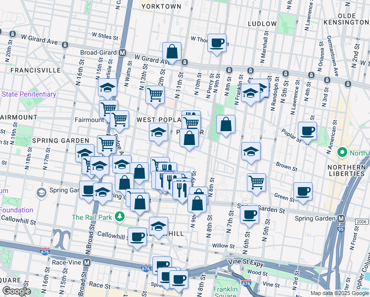 map of restaurants, bars, coffee shops, grocery stores, and more near 1002 Fairmount Avenue in Philadelphia