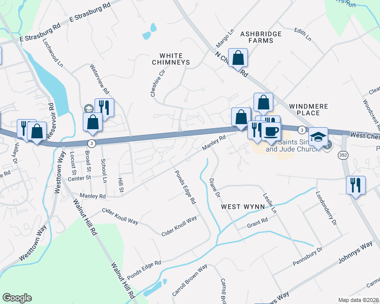 map of restaurants, bars, coffee shops, grocery stores, and more near 675 Summit House in West Chester