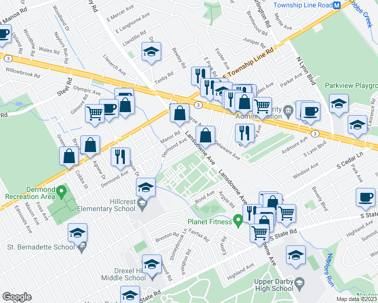 map of restaurants, bars, coffee shops, grocery stores, and more near 2220 South Harwood Avenue in Upper Darby