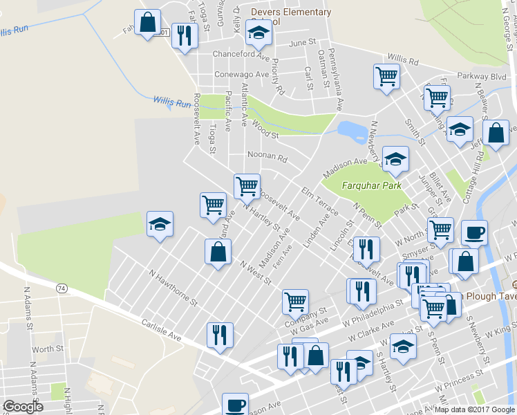 map of restaurants, bars, coffee shops, grocery stores, and more near 601 North Hartley Street in York