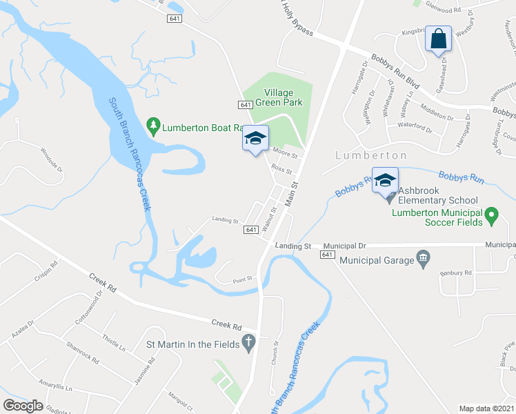 map of restaurants, bars, coffee shops, grocery stores, and more near 26 Chestnut Street in Lumberton
