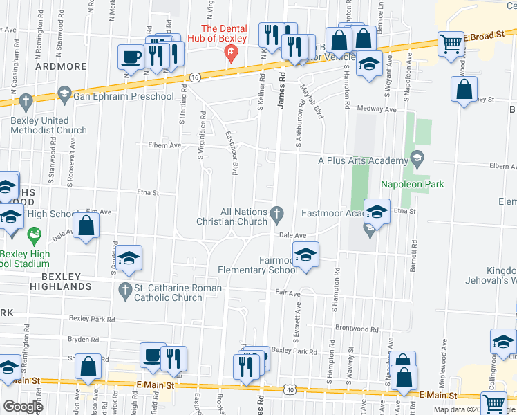 map of restaurants, bars, coffee shops, grocery stores, and more near 310 South Kellner Road in Columbus