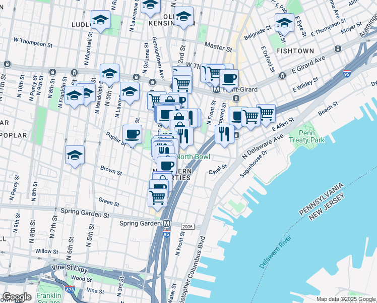map of restaurants, bars, coffee shops, grocery stores, and more near 123 West Laurel Street in Philadelphia