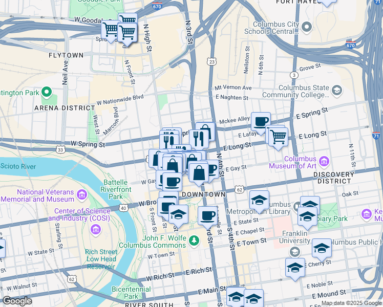 map of restaurants, bars, coffee shops, grocery stores, and more near 77 East Long Street in Columbus