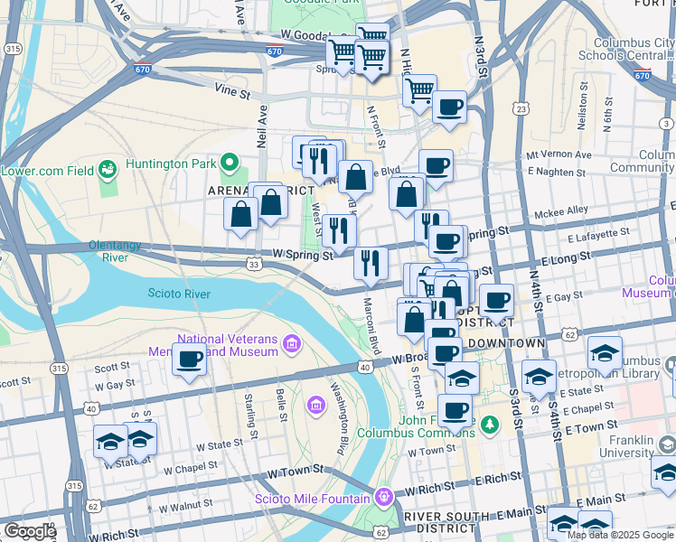 map of restaurants, bars, coffee shops, grocery stores, and more near 1 Riverside Plaza in Columbus