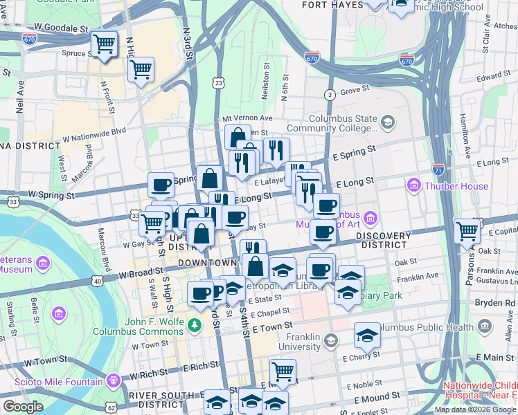 map of restaurants, bars, coffee shops, grocery stores, and more near 53 North 5th Street in Columbus