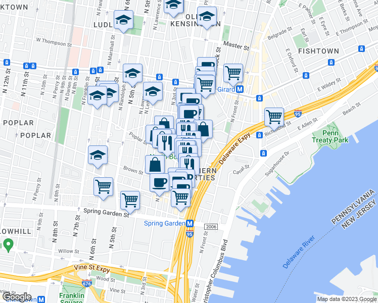 map of restaurants, bars, coffee shops, grocery stores, and more near N 2nd St & W Laurel St in Philadelphia