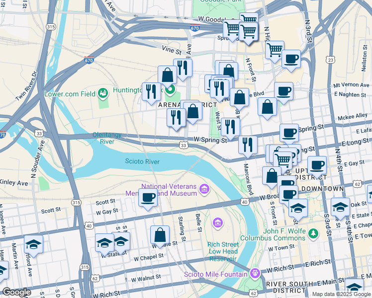 map of restaurants, bars, coffee shops, grocery stores, and more near 311 West Long Street in Columbus