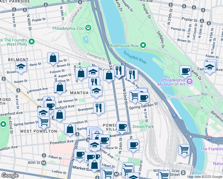 map of restaurants, bars, coffee shops, grocery stores, and more near 600 North 34th Street in Philadelphia