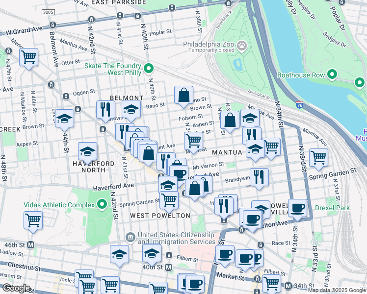 map of restaurants, bars, coffee shops, grocery stores, and more near 3906 Fairmount Avenue in Philadelphia