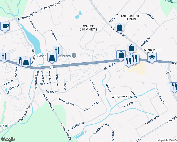 map of restaurants, bars, coffee shops, grocery stores, and more near 613 Summit House in West Chester