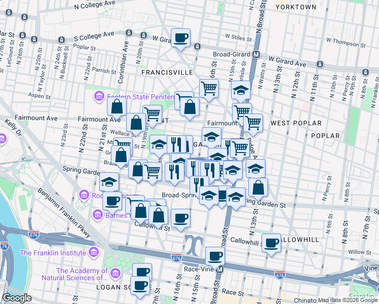 map of restaurants, bars, coffee shops, grocery stores, and more near 1619 Mount Vernon Street in Philadelphia