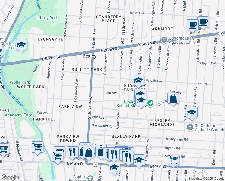 map of restaurants, bars, coffee shops, grocery stores, and more near 2462 Elm Avenue in Columbus