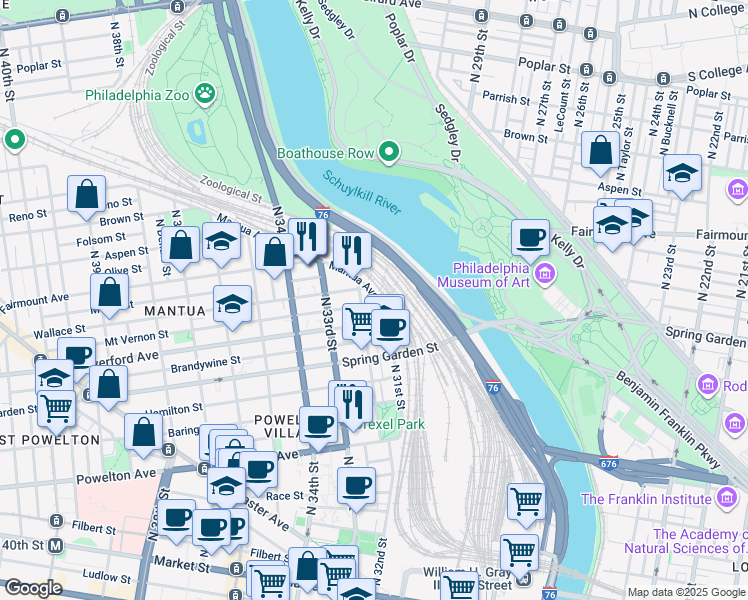 map of restaurants, bars, coffee shops, grocery stores, and more near 3130 Mantua Avenue in Philadelphia