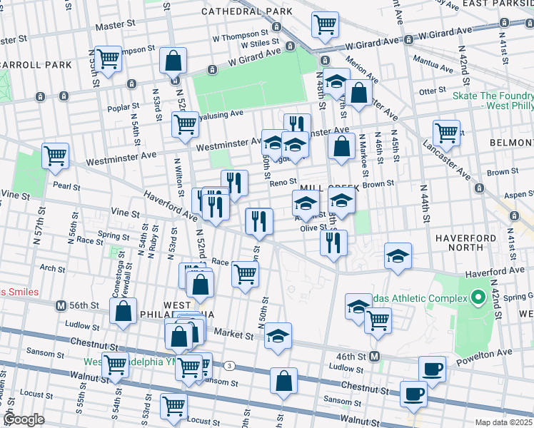 map of restaurants, bars, coffee shops, grocery stores, and more near 450 North 50th Street in Philadelphia