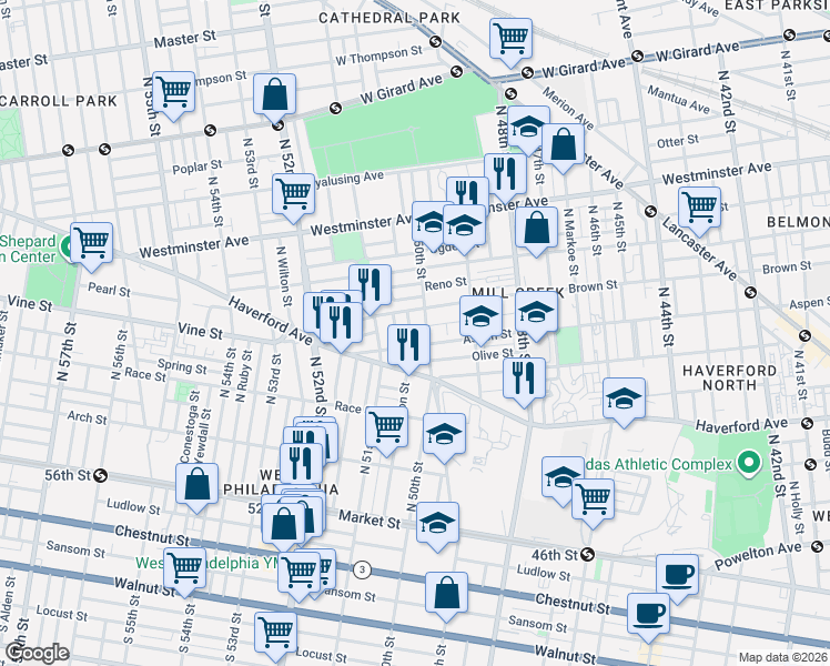 map of restaurants, bars, coffee shops, grocery stores, and more near 400 North 50th Street in Philadelphia