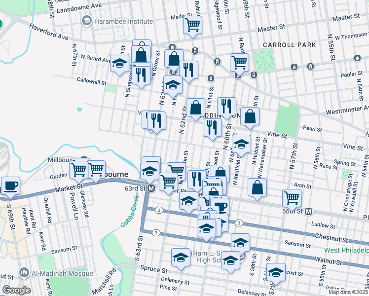 map of restaurants, bars, coffee shops, grocery stores, and more near 158 North Robinson Street in Philadelphia