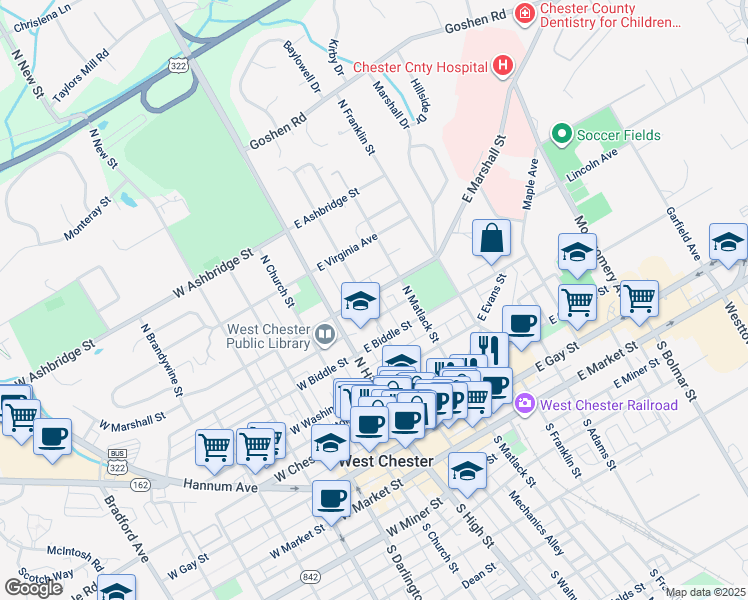 map of restaurants, bars, coffee shops, grocery stores, and more near 445 North Walnut Street in West Chester