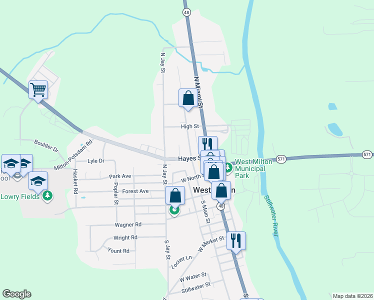 map of restaurants, bars, coffee shops, grocery stores, and more near 101 Hayes Street in West Milton