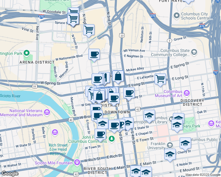 map of restaurants, bars, coffee shops, grocery stores, and more near 77 East Long Street in Columbus