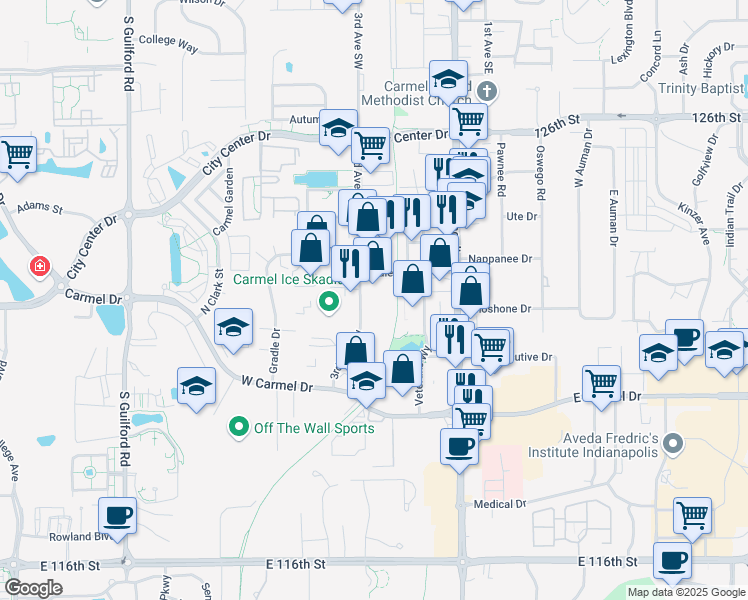 map of restaurants, bars, coffee shops, grocery stores, and more near 1017 3rd Avenue Southwest in Carmel