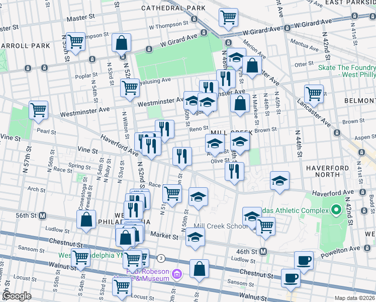 map of restaurants, bars, coffee shops, grocery stores, and more near 400 North 50th Street in Philadelphia