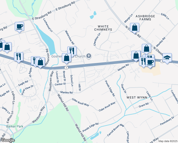 map of restaurants, bars, coffee shops, grocery stores, and more near 221 Summit House in West Chester