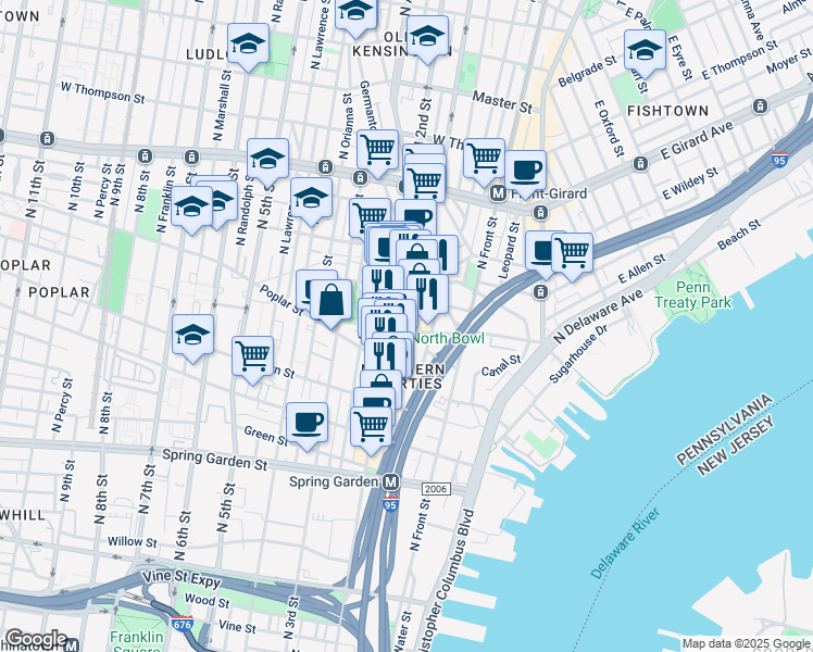 map of restaurants, bars, coffee shops, grocery stores, and more near 929 North Hancock Street in Philadelphia