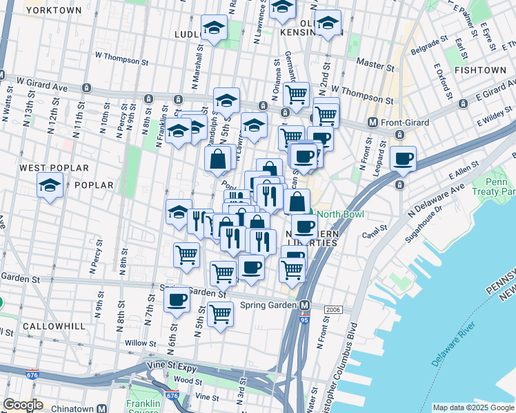 map of restaurants, bars, coffee shops, grocery stores, and more near 722 North 4th Street in Philadelphia