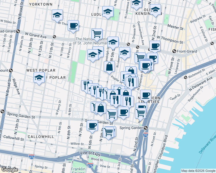 map of restaurants, bars, coffee shops, grocery stores, and more near in Philadelphia