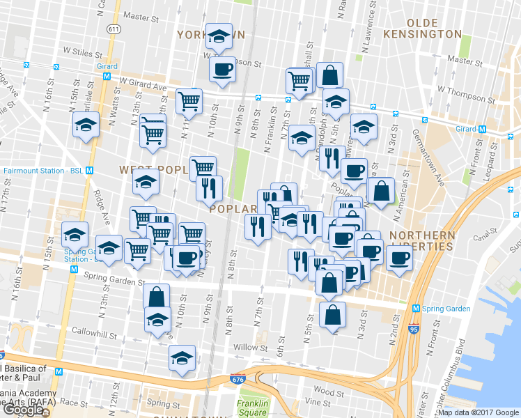 map of restaurants, bars, coffee shops, grocery stores, and more near 705-9 North Franklin Street in Philadelphia