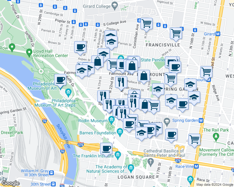 map of restaurants, bars, coffee shops, grocery stores, and more near in Philadelphia