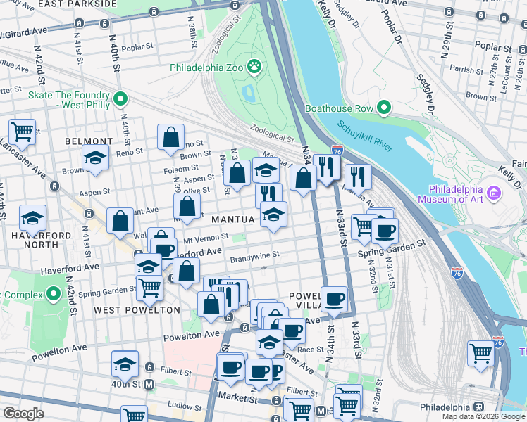 map of restaurants, bars, coffee shops, grocery stores, and more near 3605 Mount Vernon Street in Philadelphia