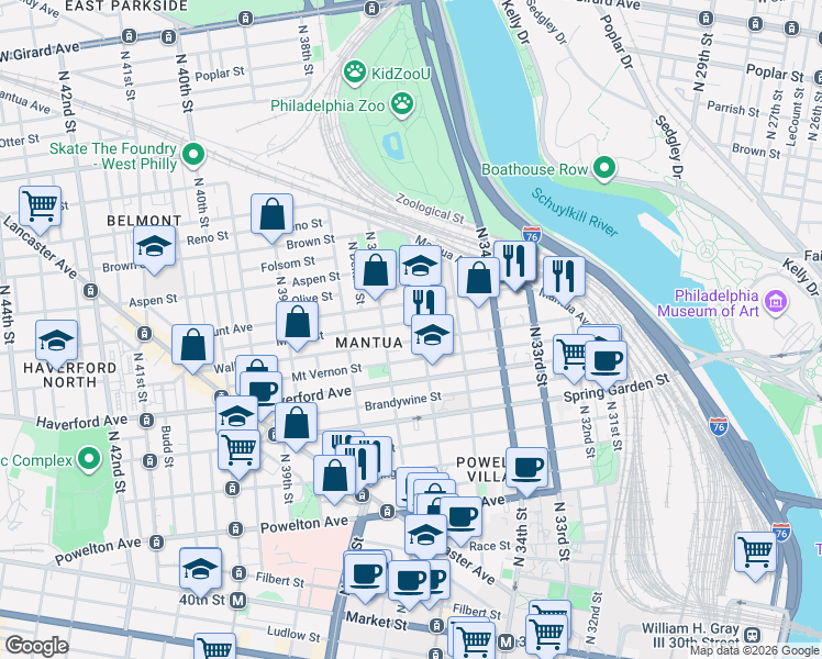 map of restaurants, bars, coffee shops, grocery stores, and more near 3605 Mount Vernon Street in Philadelphia