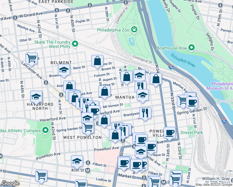 map of restaurants, bars, coffee shops, grocery stores, and more near 3824 Mount Vernon Street in Philadelphia