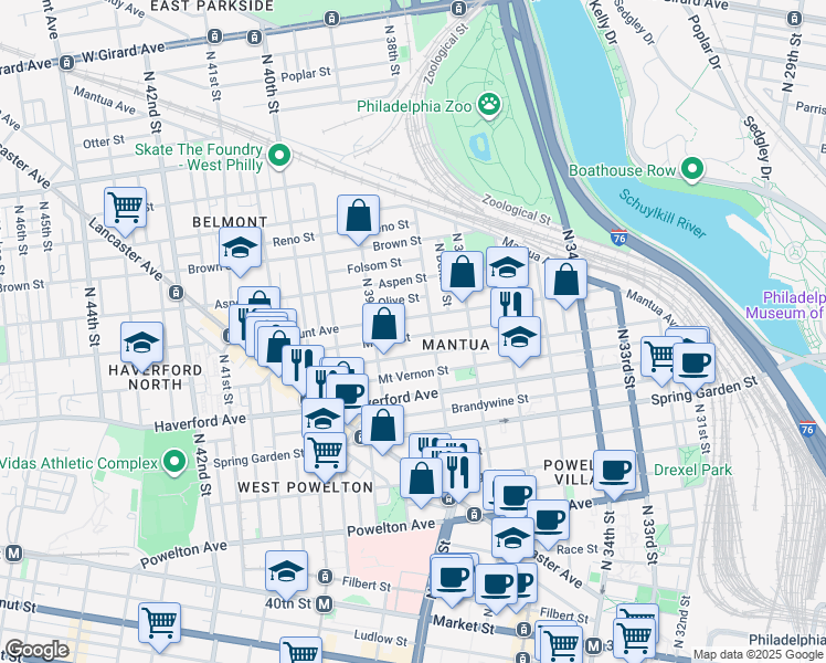 map of restaurants, bars, coffee shops, grocery stores, and more near 3824 Mount Vernon Street in Philadelphia