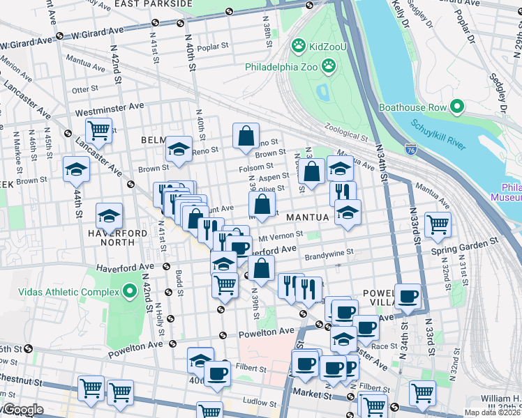 map of restaurants, bars, coffee shops, grocery stores, and more near 641 North 39th Street in Philadelphia